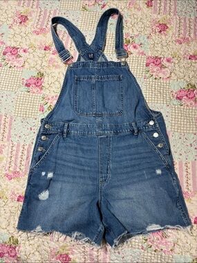 GAP Blue Distressed Denim Short Overalls
